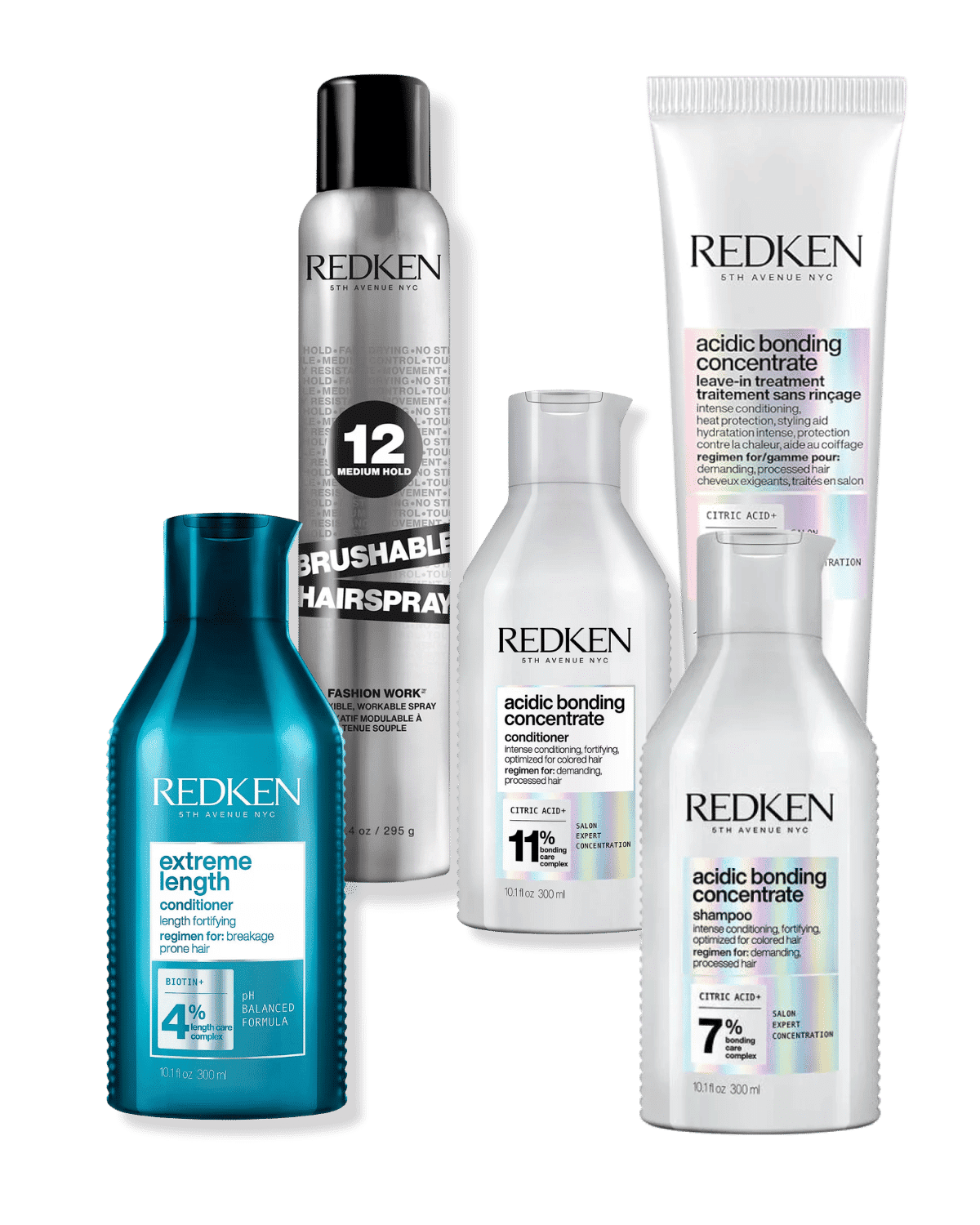 Redken haircare products: hairspray, conditioner, and bonding concentrate bottles.